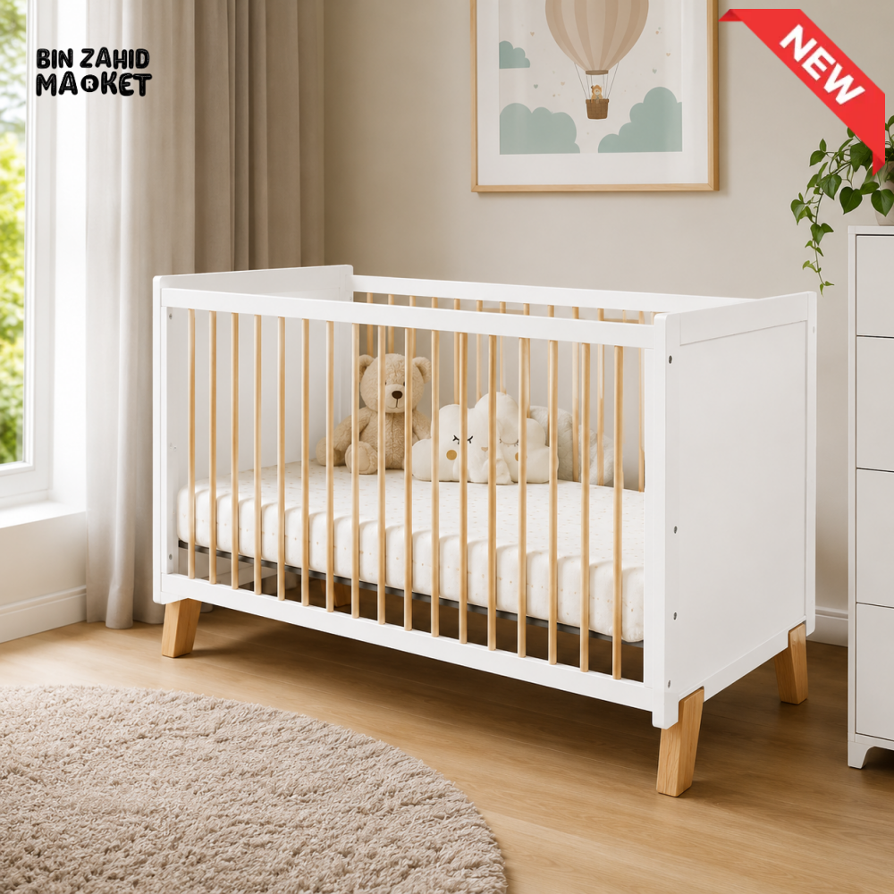 TINNIES WHITE WOODEN BABY COT – 2-IN-1 CONVERTIBLE WITH MOSQUITO NET