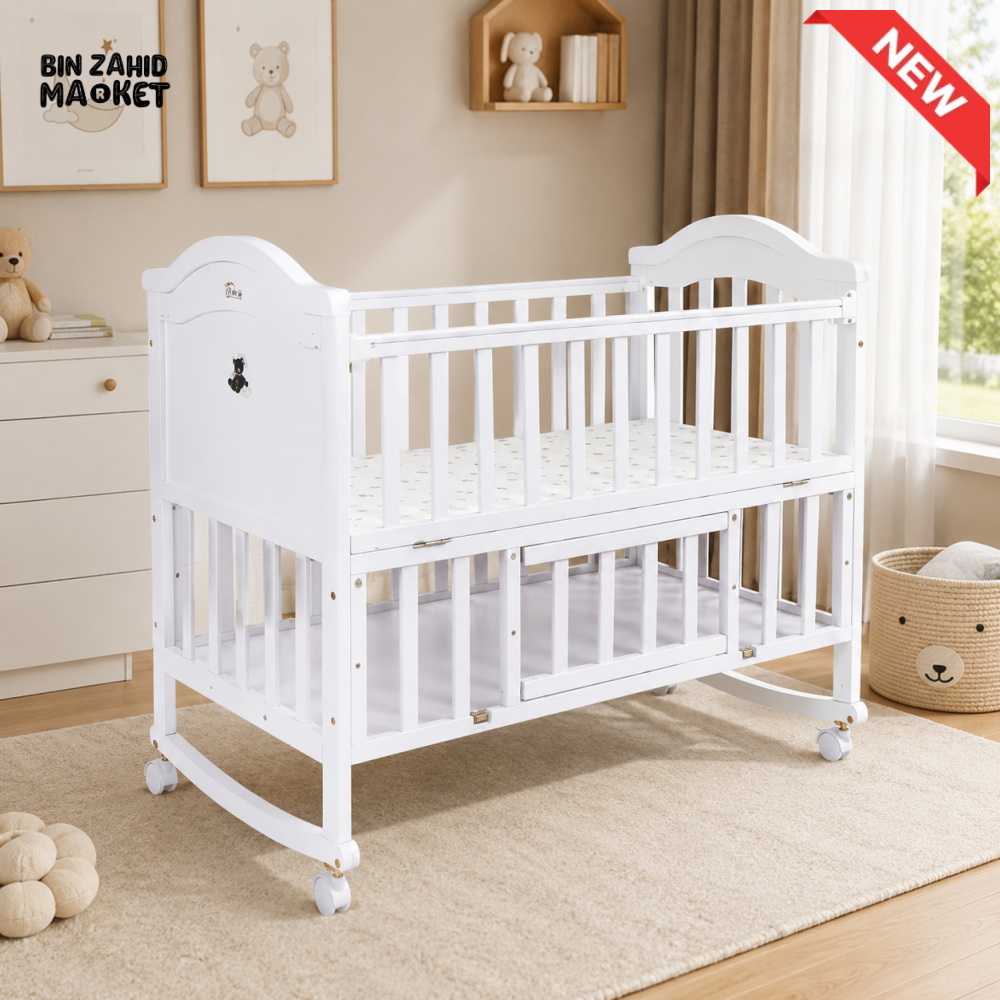TINNIES WOODEN BABY COT WITH STORAGE – WHITE