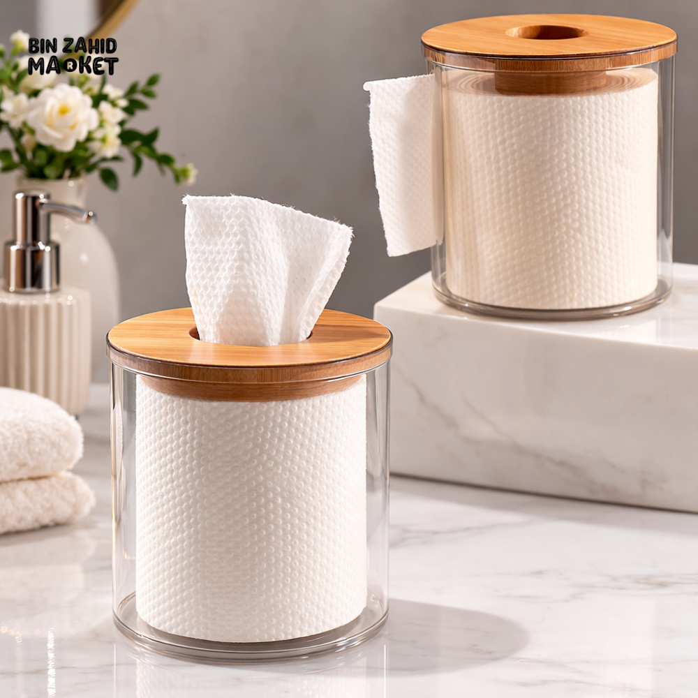TISSUE STORAGE BOX WITH WOODEN COVER – ROLL PAPER DISPENSER & NAPKIN HOLDER FOR BATHROOM