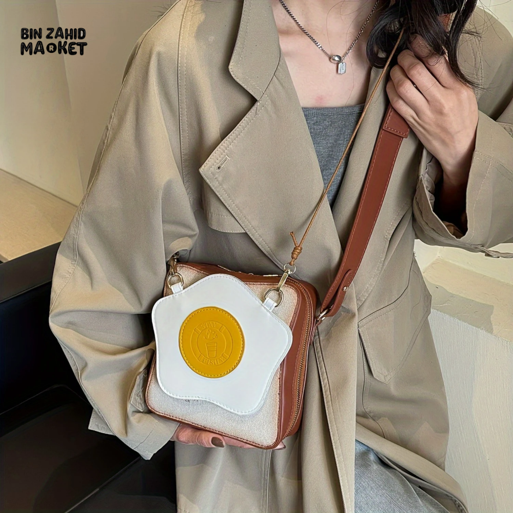 TOAST BREAD & FRIED EGG CROSSBODY BAG | QUIRKY ZIPPER SHOULDER BAG WITH FUN DESIGN CUTE & STYLISH EVERYDAY ACCESSORY