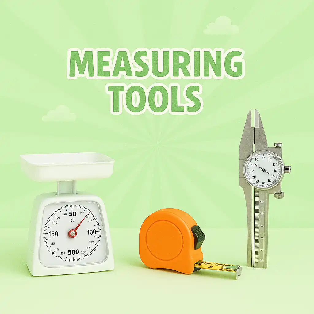 Various measuring tools including a scale, tape measure, and caliper.