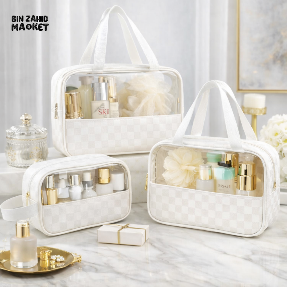 TRANSPARENT 3 PIECES COSMETIC & TOILETRY ORGANIZER BAG – PREMIUM TRAVEL MAKEUP STORAGE WITH HANDLE