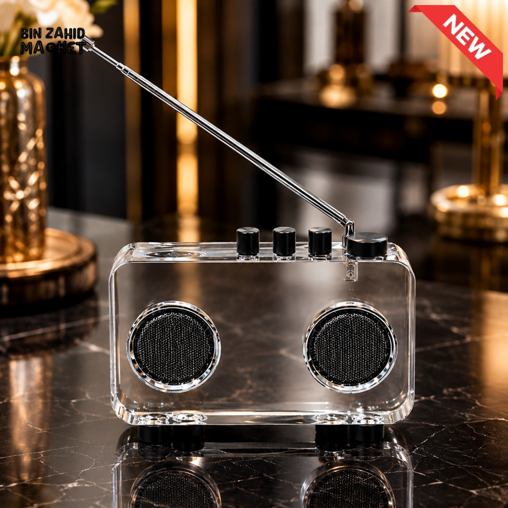 TRANSPARENT ACRYLIC PORTABLE RADIO SPEAKER WITH ANTENNA