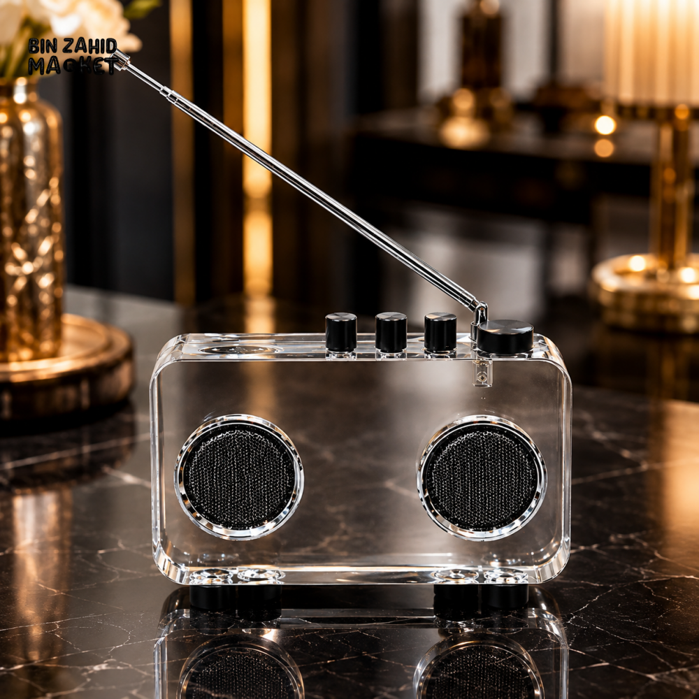 TRANSPARENT ACRYLIC PORTABLE RADIO SPEAKER WITH ANTENNA