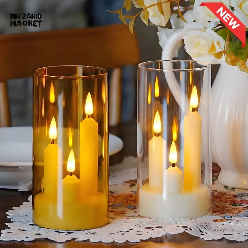 TRANSPARENT LED PLASTIC CANDLES – SET OF 3 FLICKERING SHORT CONES