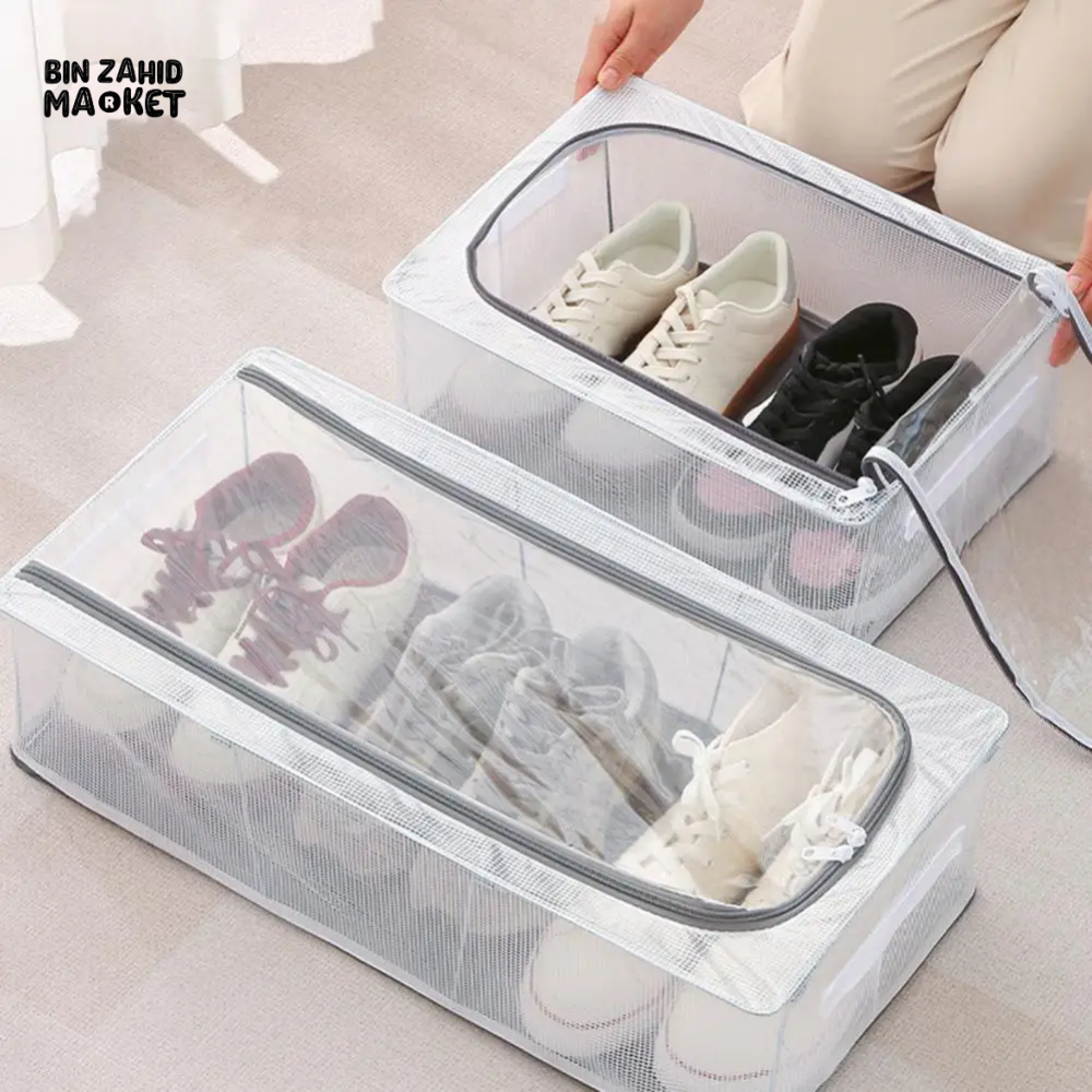 TRANSPARENT STORAGE BOX WITH DOUBLE-SIDED OPENINGS ZIPPER CLOSURE WATERPROOF PVC SHELL DUSTPROOF UNDER-BED SHOE STORAGE BOX