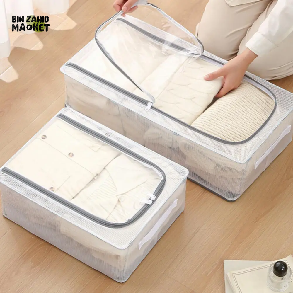 TRANSPARENT STORAGE BOX WITH DOUBLE-SIDED OPENINGS ZIPPER CLOSURE WATERPROOF PVC SHELL DUSTPROOF UNDER-BED SHOE STORAGE BOX