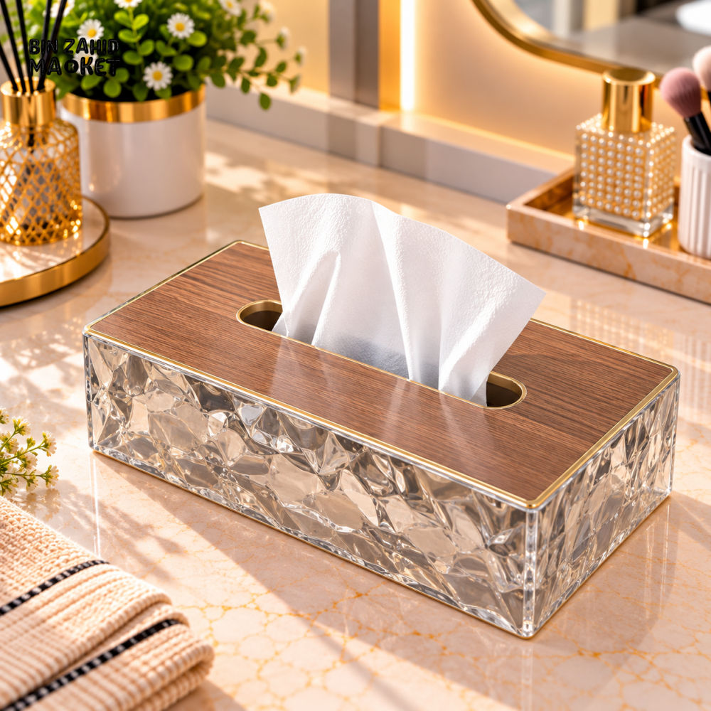 TRANSPARENT TEXTURED TISSUE BOX WITH WOOD LOOK TOP - Tissue Boxes