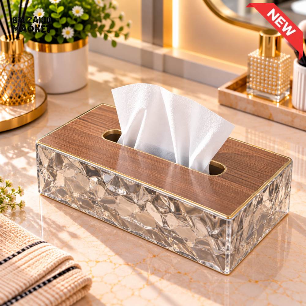 TRANSPARENT TEXTURED TISSUE BOX WITH WOOD LOOK TOP - Tissue Boxes