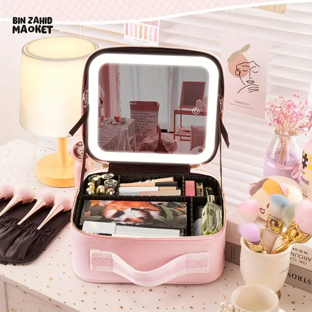 TRAVEL MAKEUP BAG WITH BUILT-IN MIRROR & LED LIGHT – WATERPROOF RECHARGEABLE 3-COLOR OPTIONS