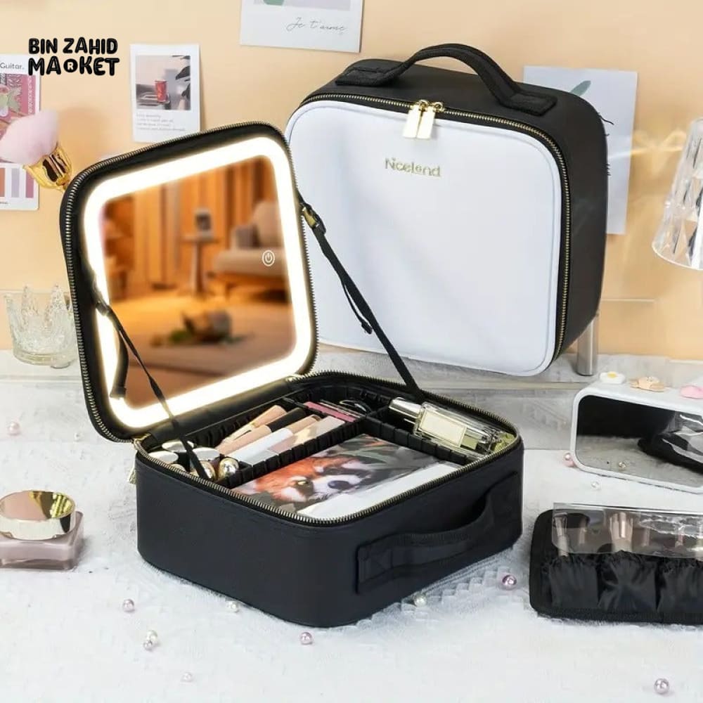 TRAVEL MAKEUP BAG WITH BUILT-IN MIRROR & LED LIGHT – WATERPROOF RECHARGEABLE 3-COLOR OPTIONS