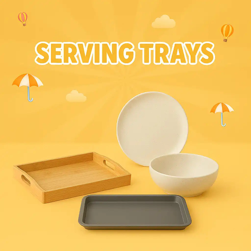 Various serving trays and dishes in different materials and colors.