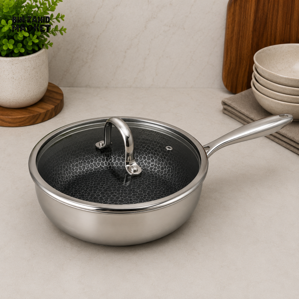 TRI-PLY STAINLESS STEEL DEEP FRY PAN WITH GLASS LID - 24CM