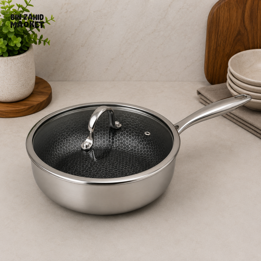 TRI-PLY STAINLESS STEEL DEEP FRY PAN WITH GLASS LID - 28CM