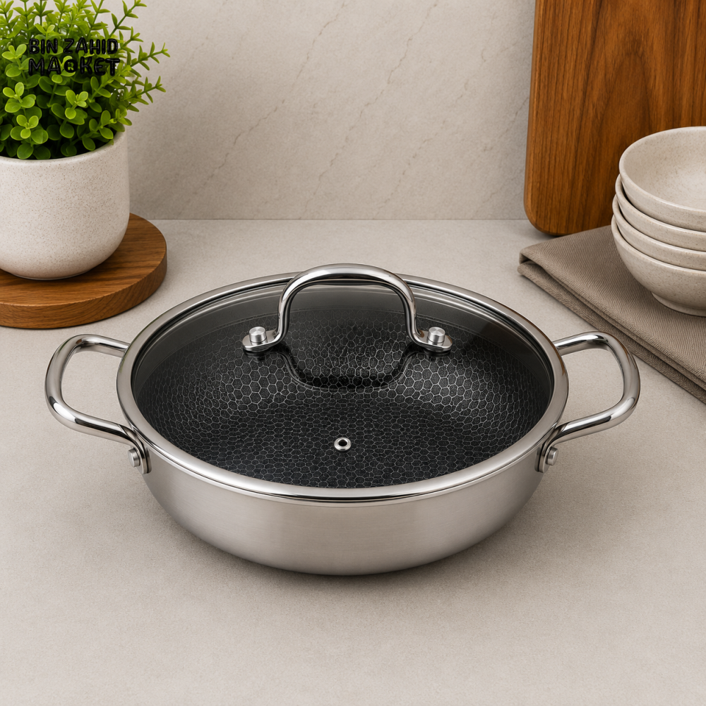 TRI-PLY STAINLESS STEEL SHALLOW CASSEROLE WITH GLASS LID - 24CM