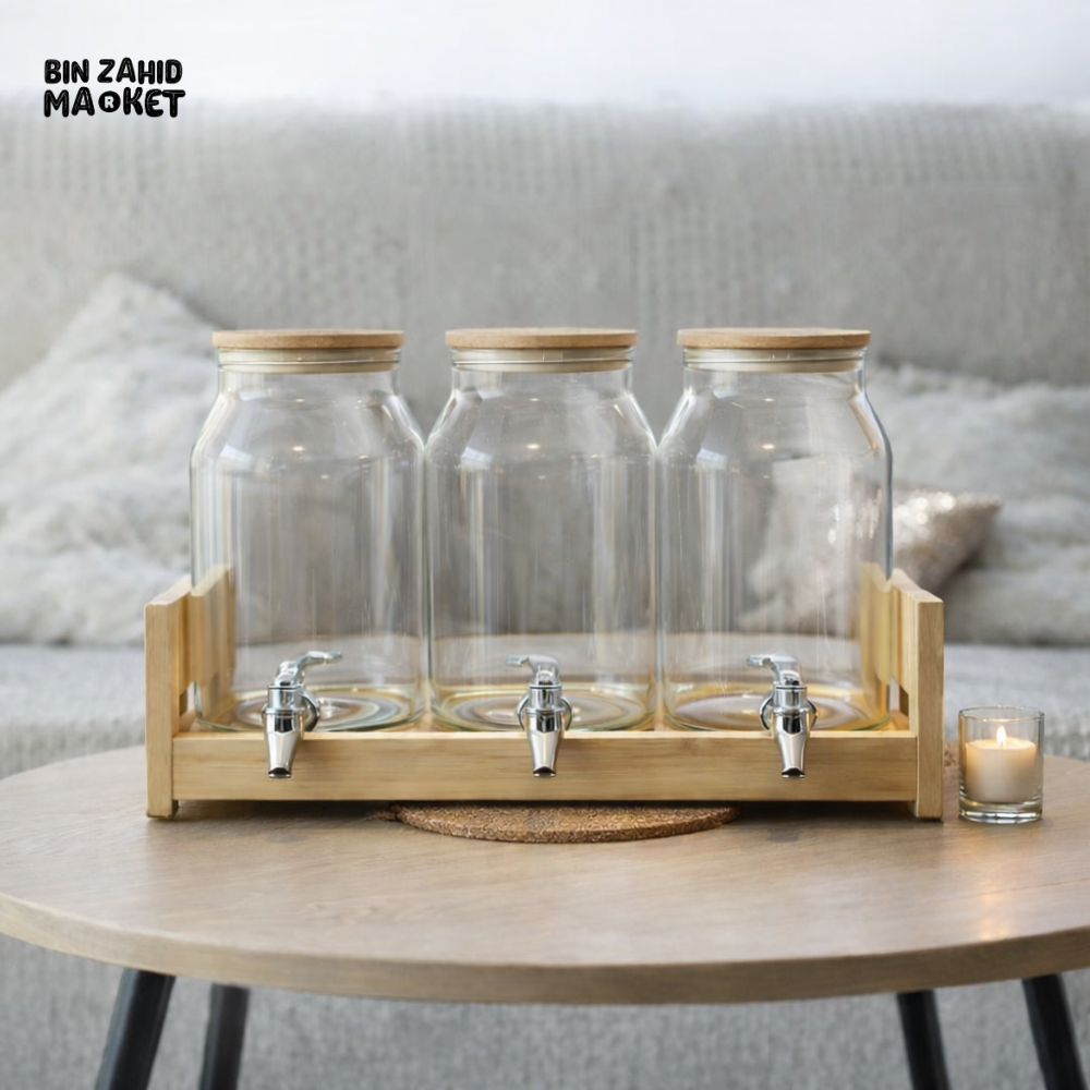 TRIPLE GLASS BEVERAGE DISPENSER SET WITH WOODEN STAND 2 LITRE | LUXURY HOME
