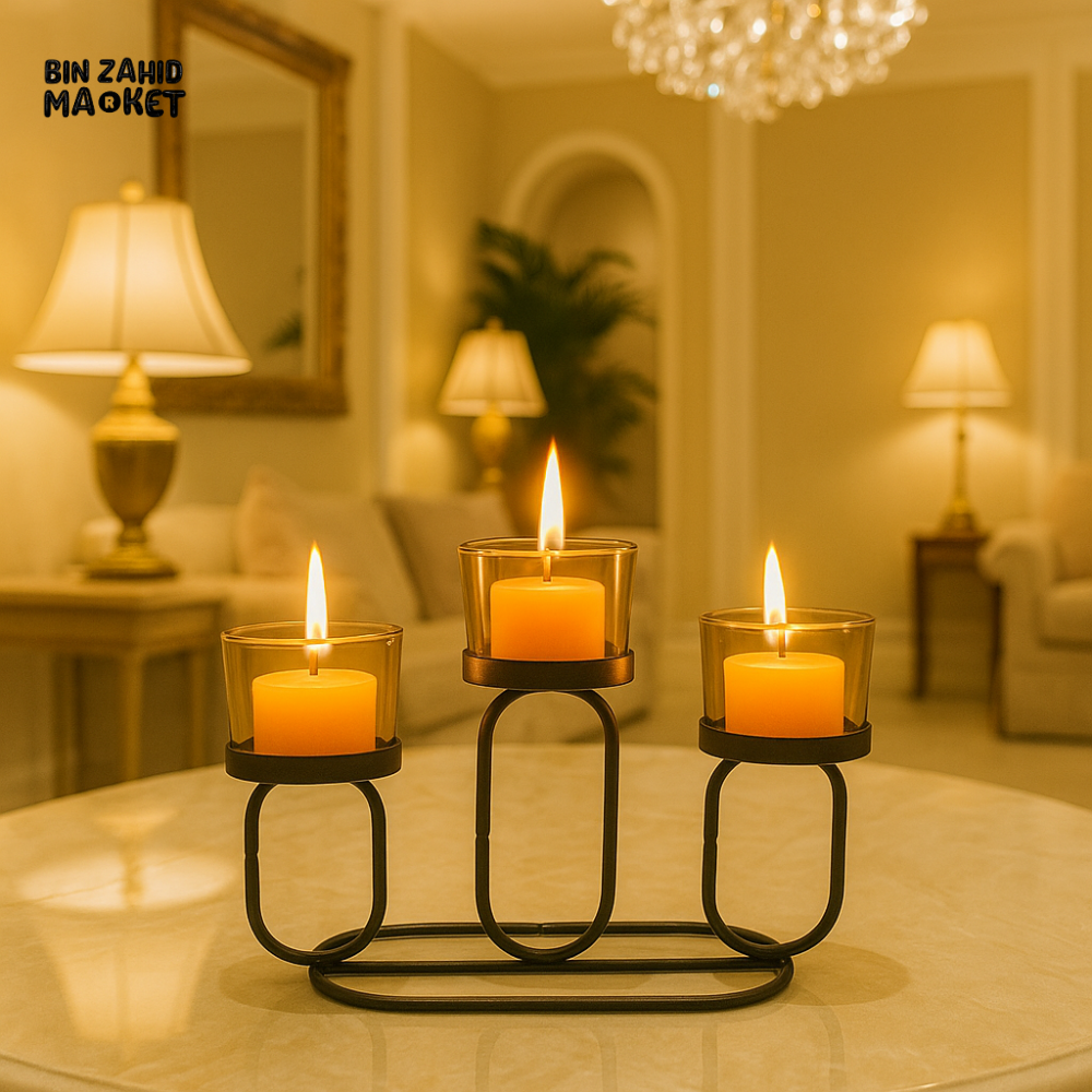 TRIPLE GLASS CANDLE HOLDER – MODERN METAL STAND FOR HOME DECOR