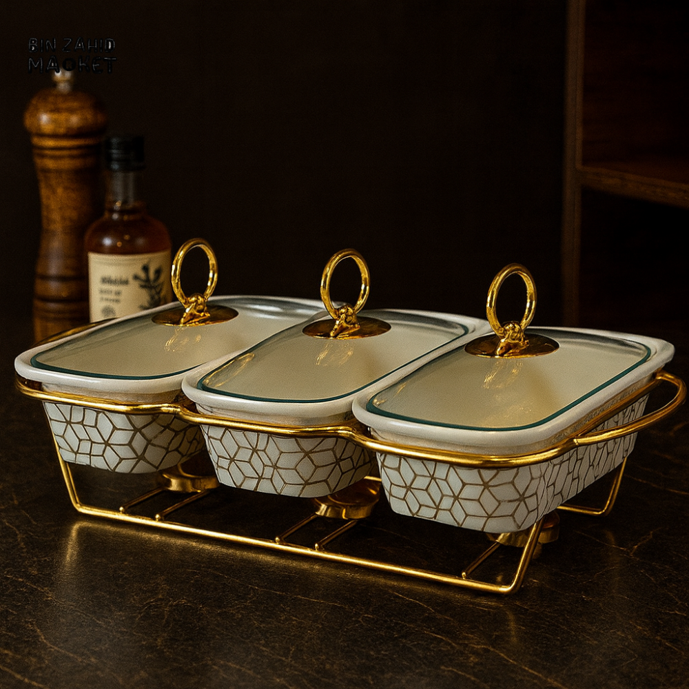 TRIPLE RECTANGULAR CERAMIC SERVING DISH WITH GLASS LIDS & GOLD STAND