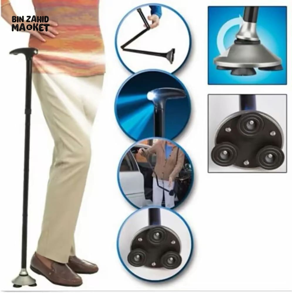 TRUSTY CANE – FOLDABLE WALKING STICK WITH LIGHT & STABLE TRIPLE BASE