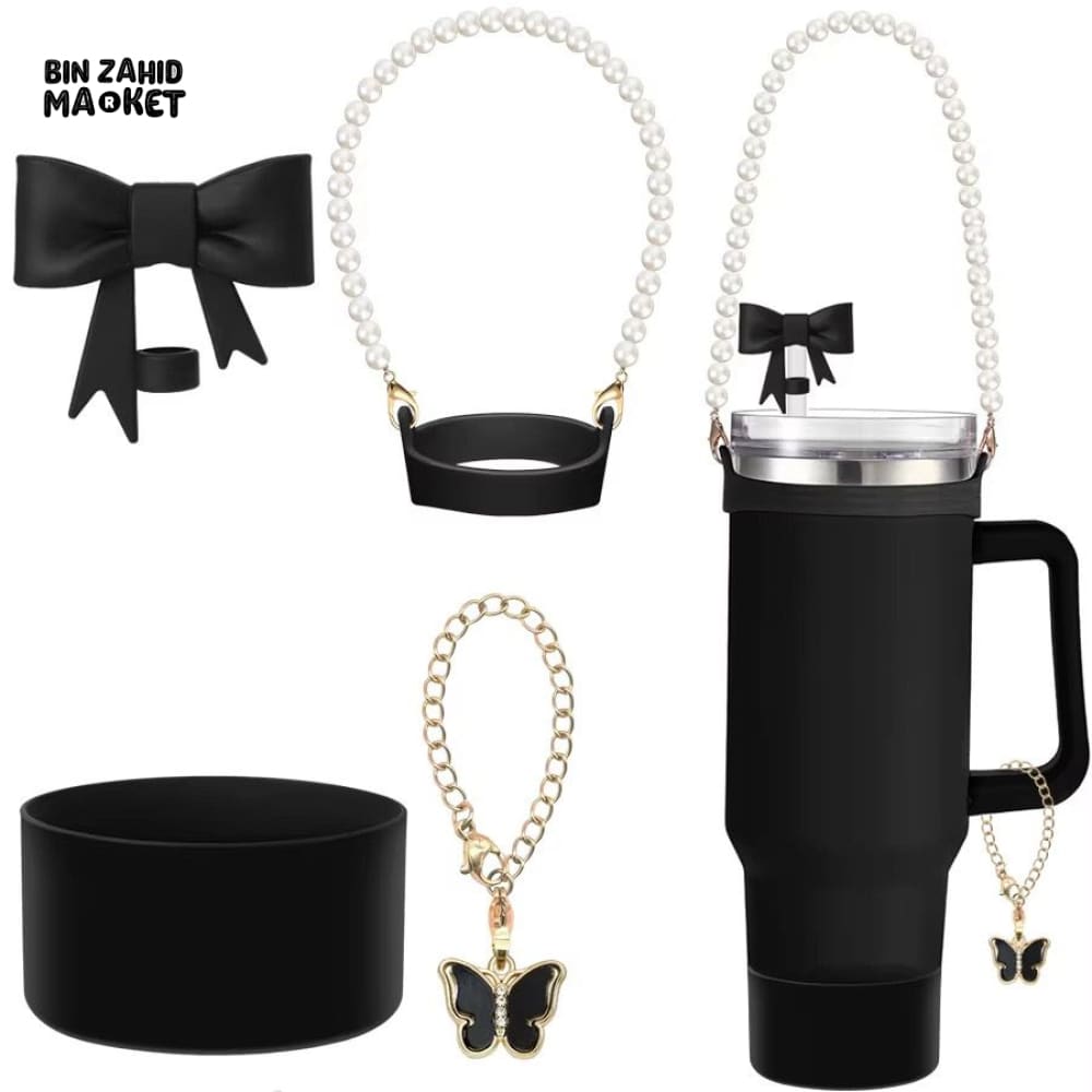 TUMBLER ACCESSORY SET – PEARL STRAP, BOW, BUTTERFLY CHARM & GRIP HOLDER FOR 40OZ CUPS - BLACK