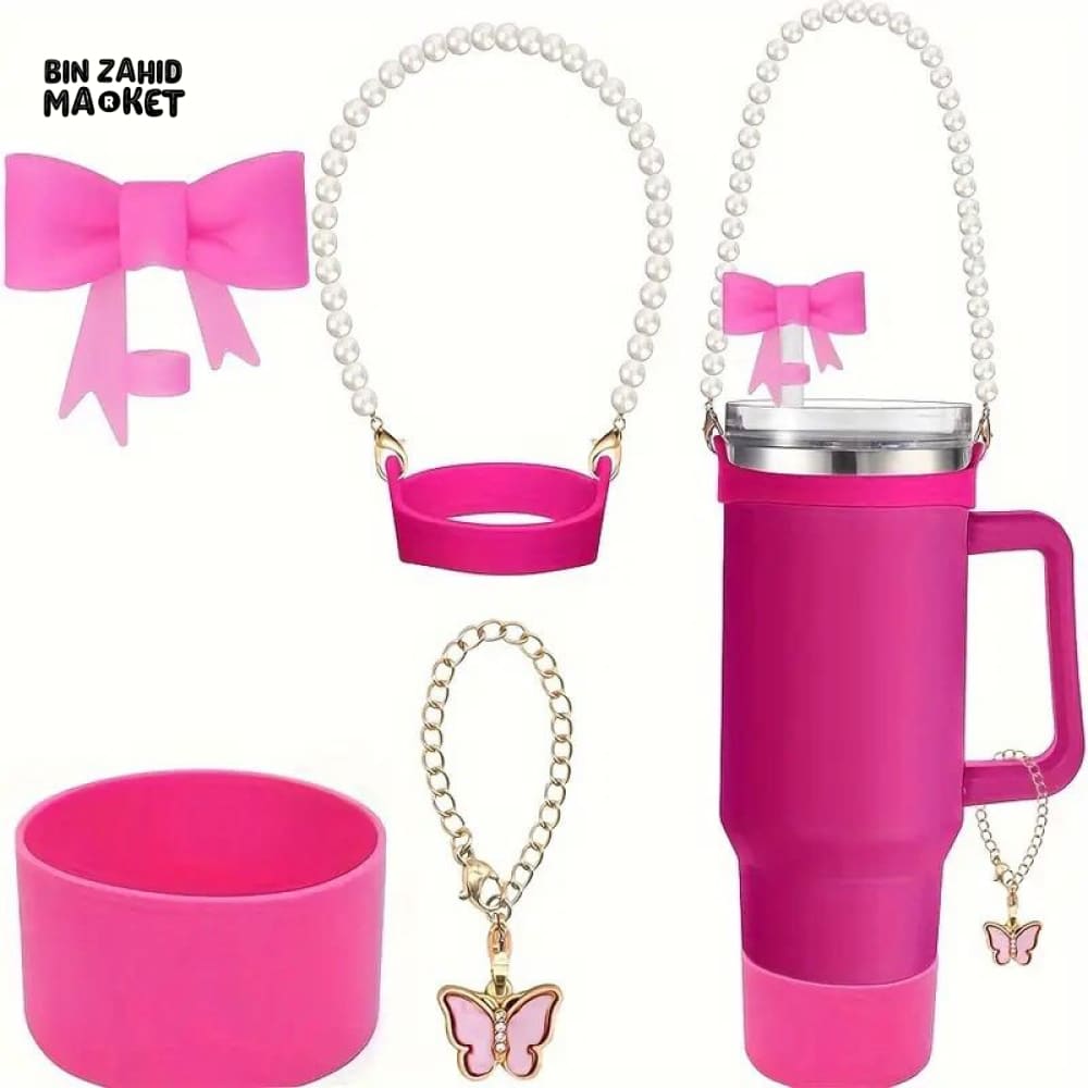 TUMBLER ACCESSORY SET – PEARL STRAP, BOW, BUTTERFLY CHARM & GRIP HOLDER FOR 40OZ CUPS - DARK PINK