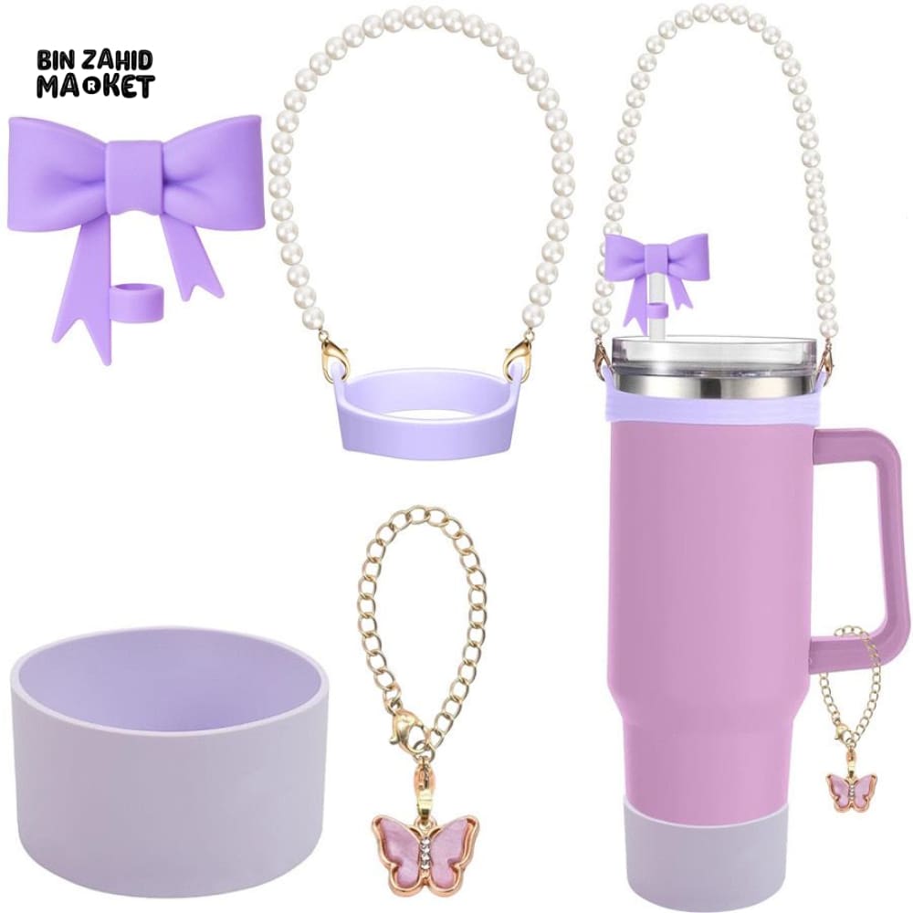TUMBLER ACCESSORY SET – PEARL STRAP, BOW, BUTTERFLY CHARM & GRIP HOLDER FOR 40OZ CUPS - LILAC