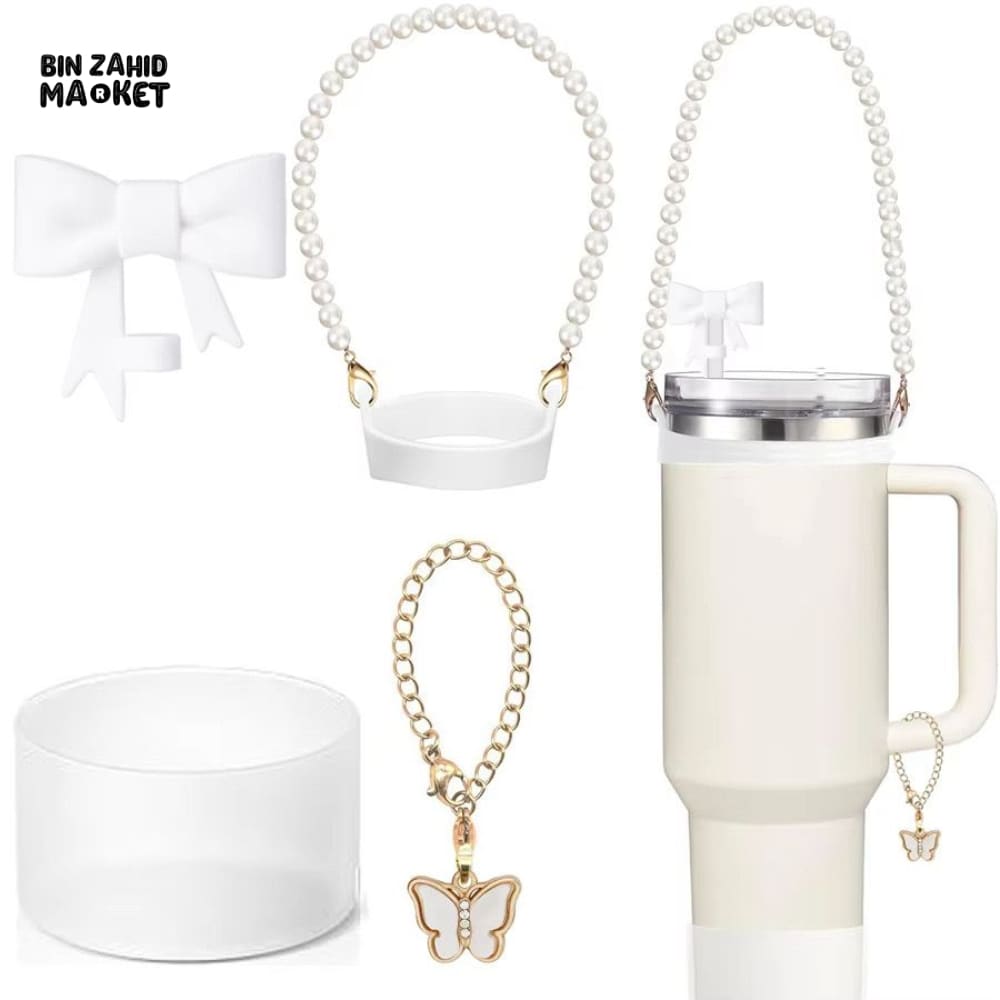 TUMBLER ACCESSORY SET – PEARL STRAP, BOW, BUTTERFLY CHARM & GRIP HOLDER FOR 40OZ CUPS - WHITE