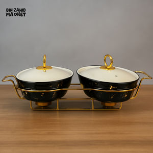 TWIN OVAL MARBLE CHAFING DISH SET 11 CM – DOUBLE CERAMIC WITH GOLD FRAME - BLACK MARBLE