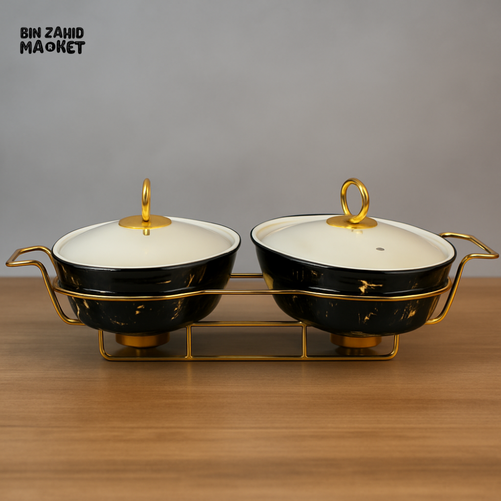TWIN OVAL MARBLE CHAFING DISH SET 11 CM – DOUBLE CERAMIC WITH GOLD FRAME - BLACK MARBLE