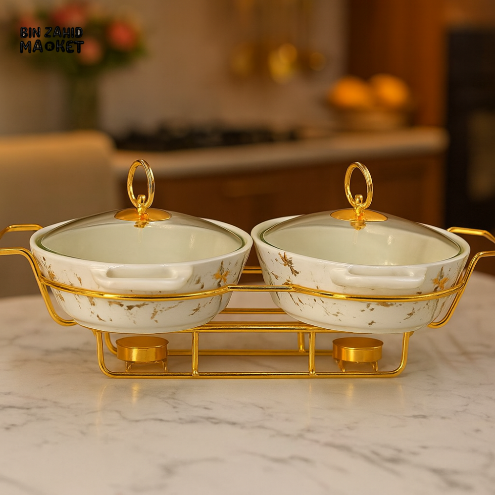 TWIN OVAL MARBLE CHAFING DISH SET 11 CM – DOUBLE CERAMIC WITH GOLD FRAME