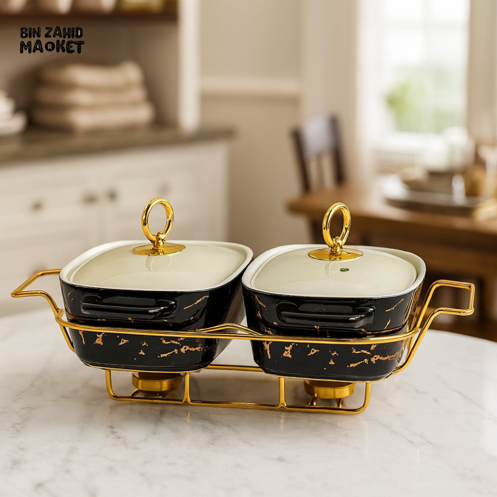 TWIN RECT MARBLE CHAFING DISH SET 11.5’’ – DOUBLE CERAMIC WITH GOLD FRAME - BLACK MARBLE