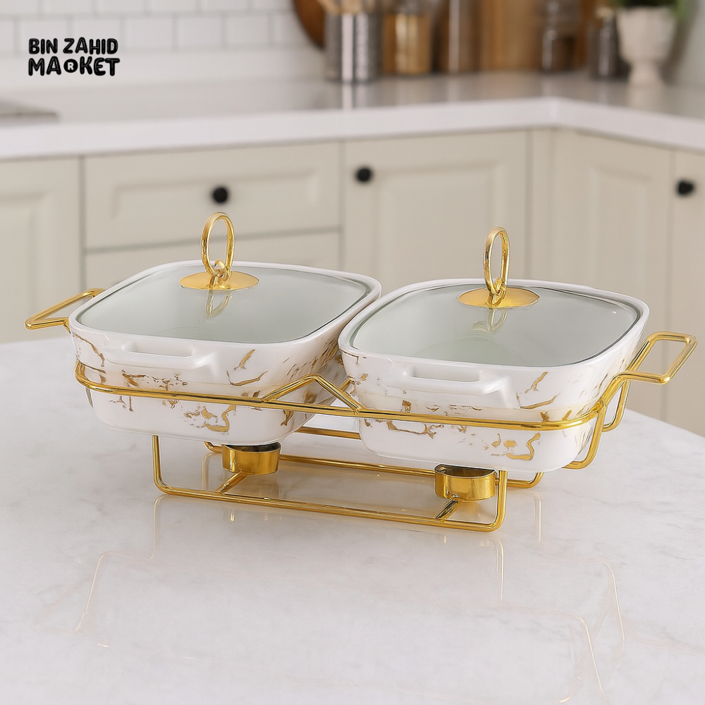 TWIN RECT MARBLE CHAFING DISH SET 11.5’’ – DOUBLE CERAMIC WITH GOLD FRAME