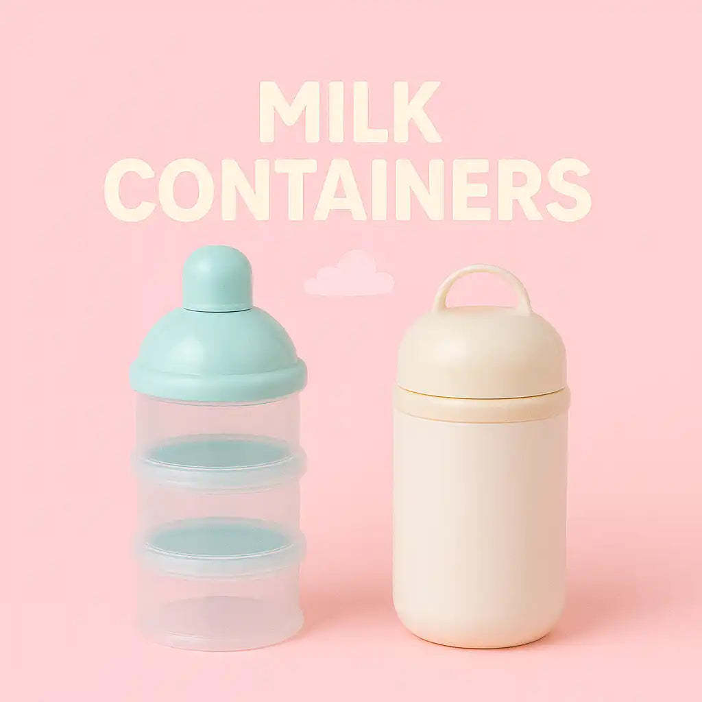 Two baby formula dispensers, one stackable with three compartments and one insulated with a handle.