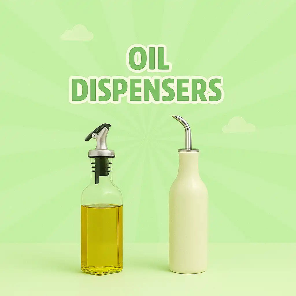 Two oil dispensers, one clear glass filled with yellow liquid and one opaque cream-colored bottle.