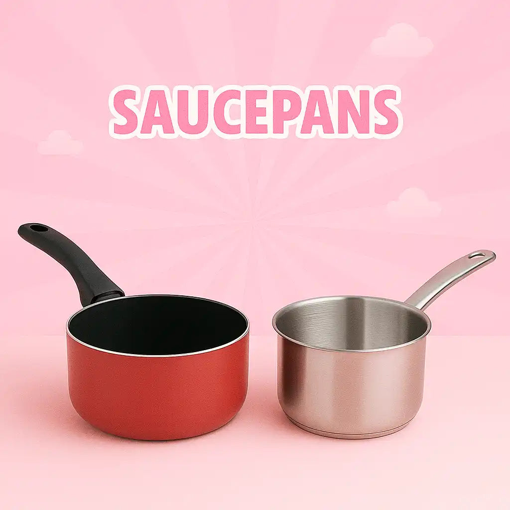 Two saucepans, one red and one stainless steel.