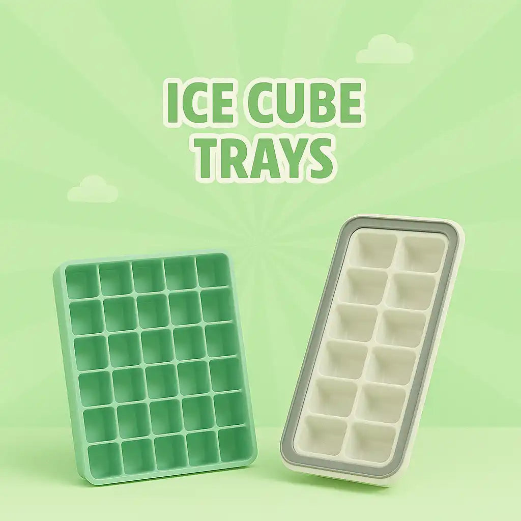 Two silicone ice cube trays, one green and square with 36 cells, and one cream-colored and rectangular with 15 cells.