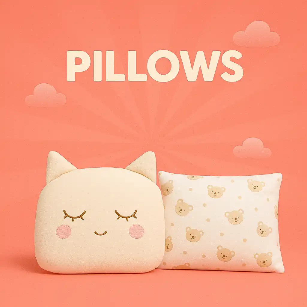 Two soft, decorative pillows, one shaped like a sleeping cat and the other with a teddy bear pattern.