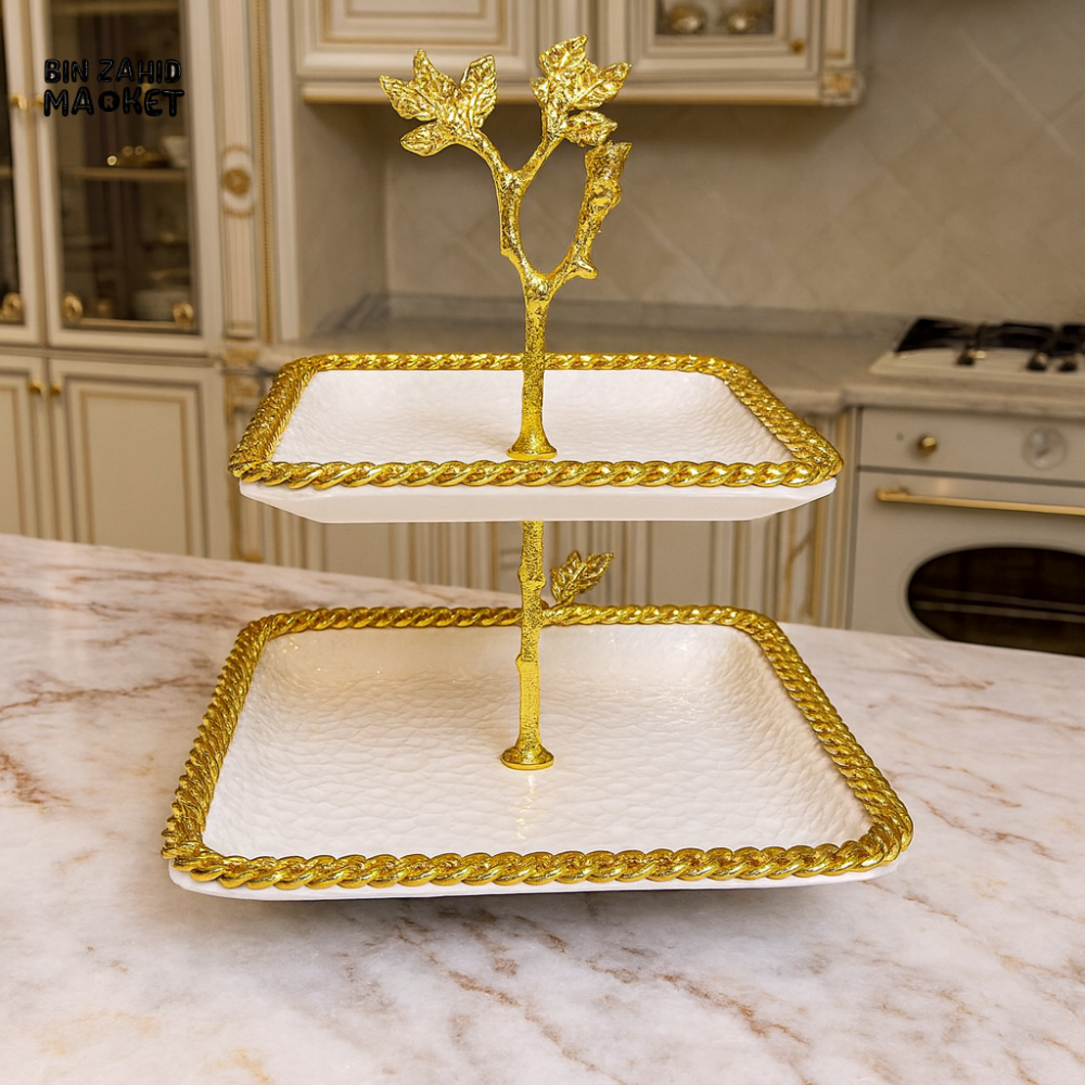 TWO-TIER SERVING TRAY WITH GOLD TREE HANDLE – LUXURY DESSERT STAND DISPLAY - SQUARE