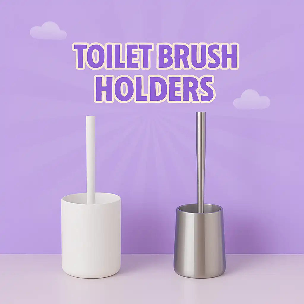Two toilet brush holders, one white and one silver.