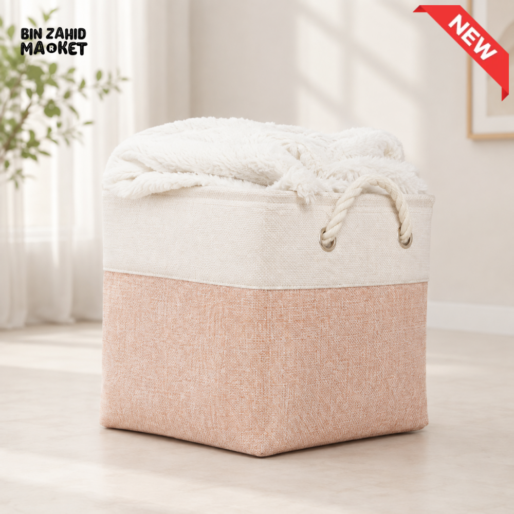 TWO-TONE FABRIC STORAGE BASKET WITH ROPE HANDLES