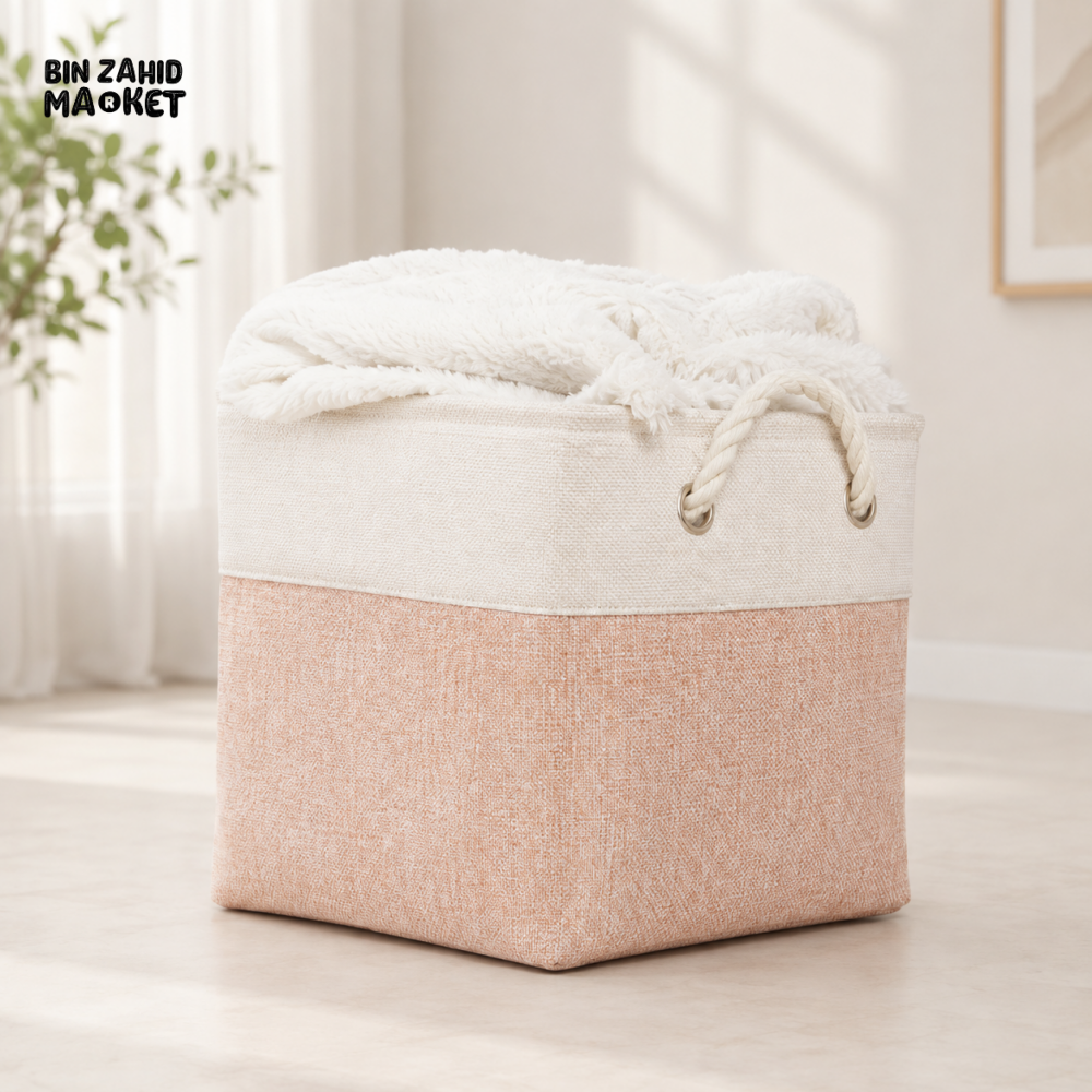 TWO-TONE FABRIC STORAGE BASKET WITH ROPE HANDLES