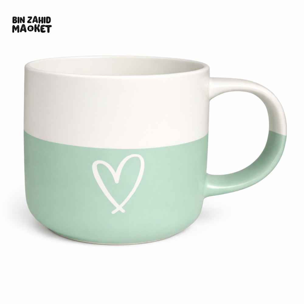 TWO TONE HEART PRINT CERAMIC MUG – MINT GREEN & WHITE COFFEE CUP