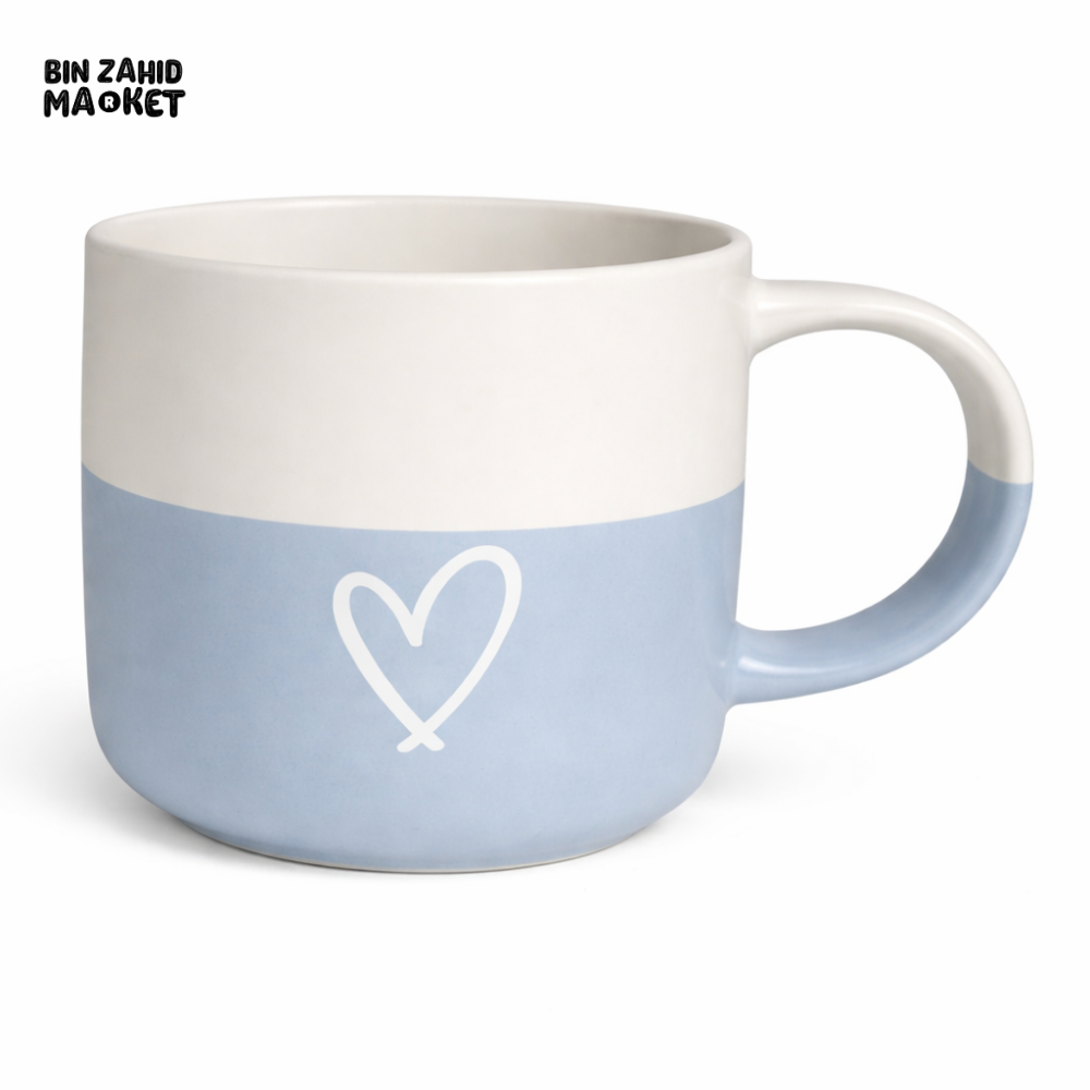 TWO TONE HEART PRINT CERAMIC MUG – PASTEL BLUE & WHITE COFFEE CUP