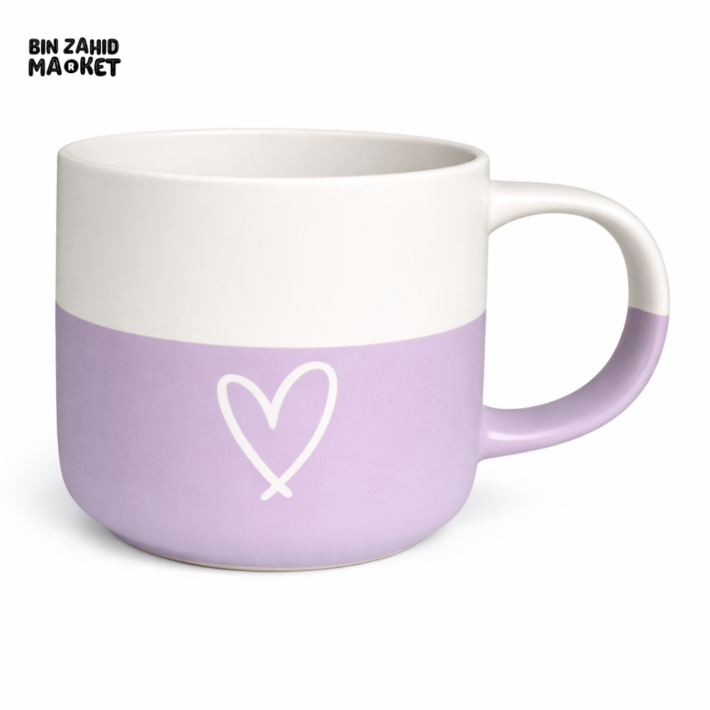 TWO TONE HEART PRINT CERAMIC MUG – PASTEL PURPLE & WHITE COFFEE CUP