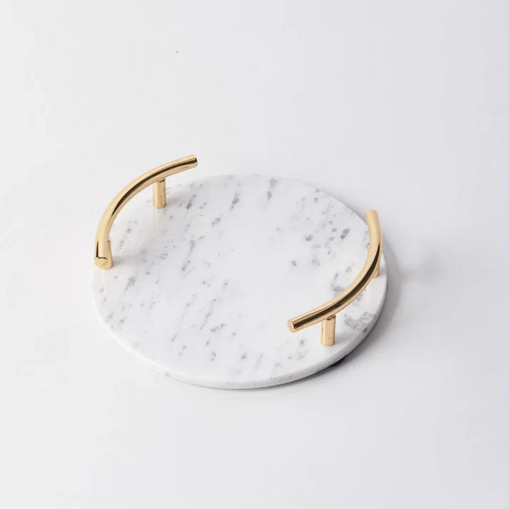 MODERN WHITE MARBLE TRAY WITH GOLD HANDLE