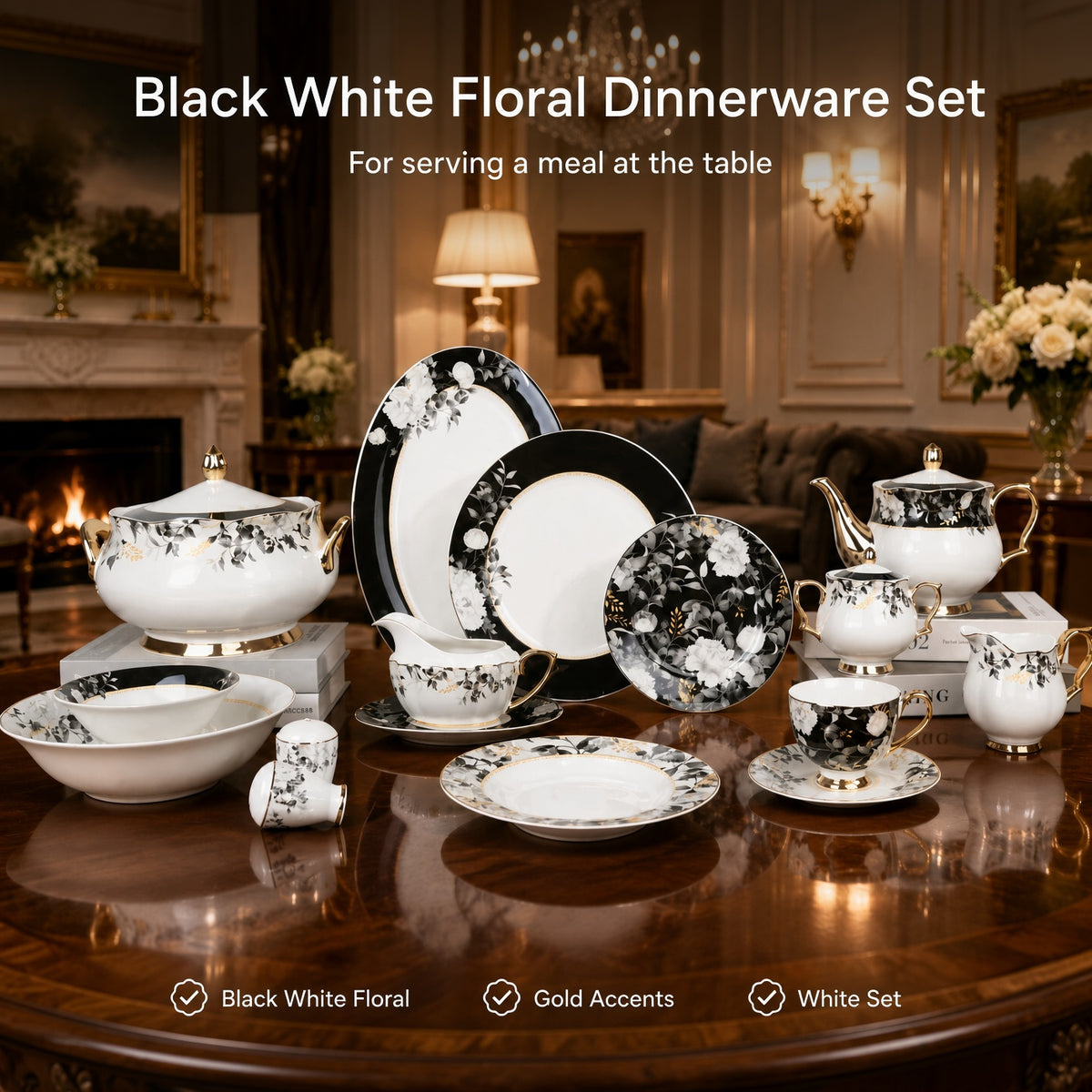 Johnson Bros Inspired Noir Blossoms Bone China Dinner Set