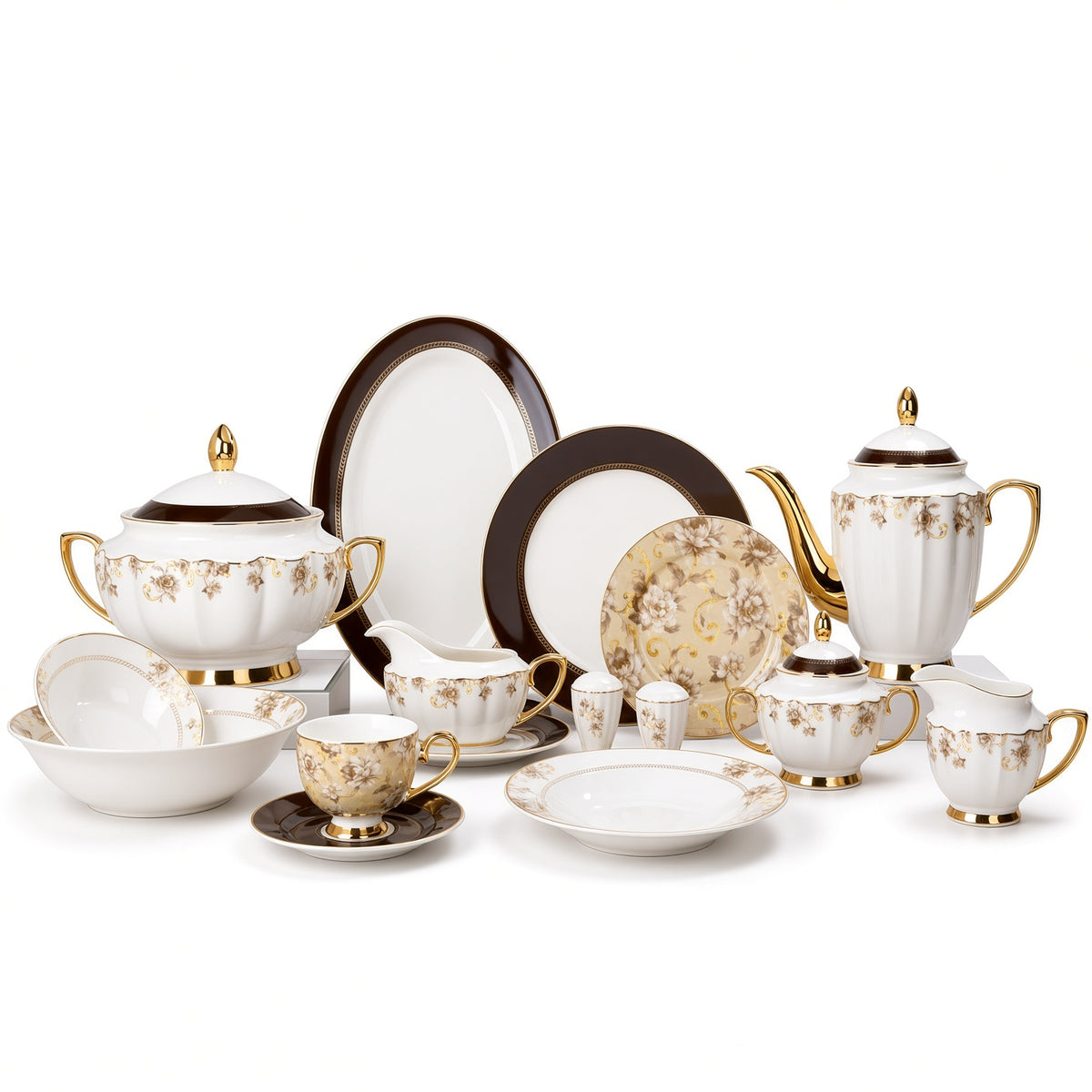 Johnson Bros Inspired Brown Gold Floral Patterns Trims Bone China Dinner Set