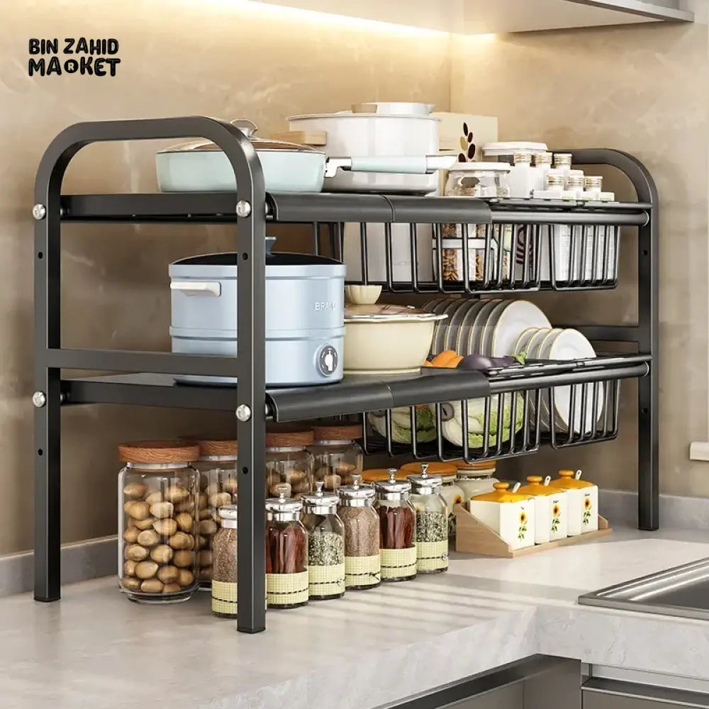 UNDER SINK ADJUSTABLE POT RACK – MULTIFUNCTIONAL STORAGE FOR DISHES PANS SNACKS AND COOKWARE