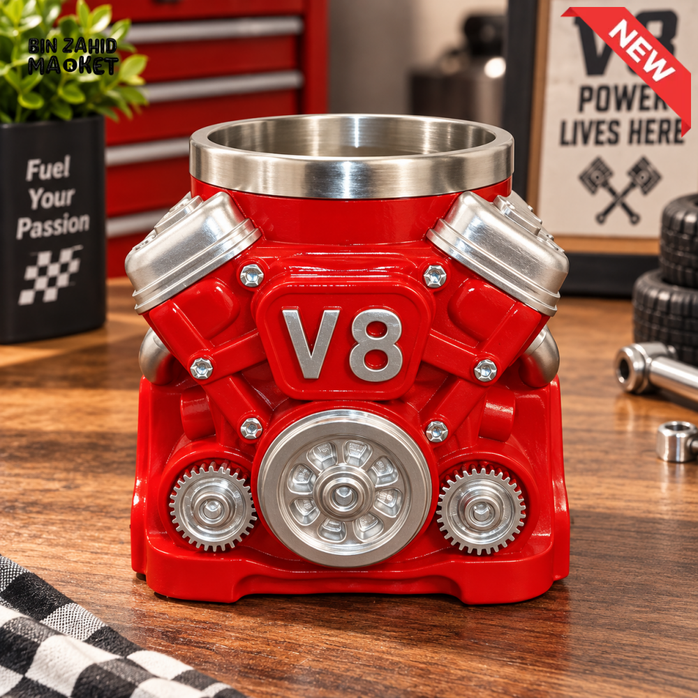 V8 ENGINE-SHAPED METALLIC COFFEE MUG – RED - Mugs