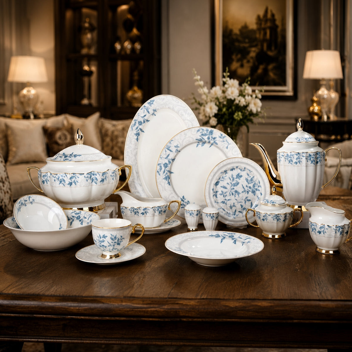 Johnson Bros Inspired Blue Leaf Floral Patterns Bone China Dinner Set